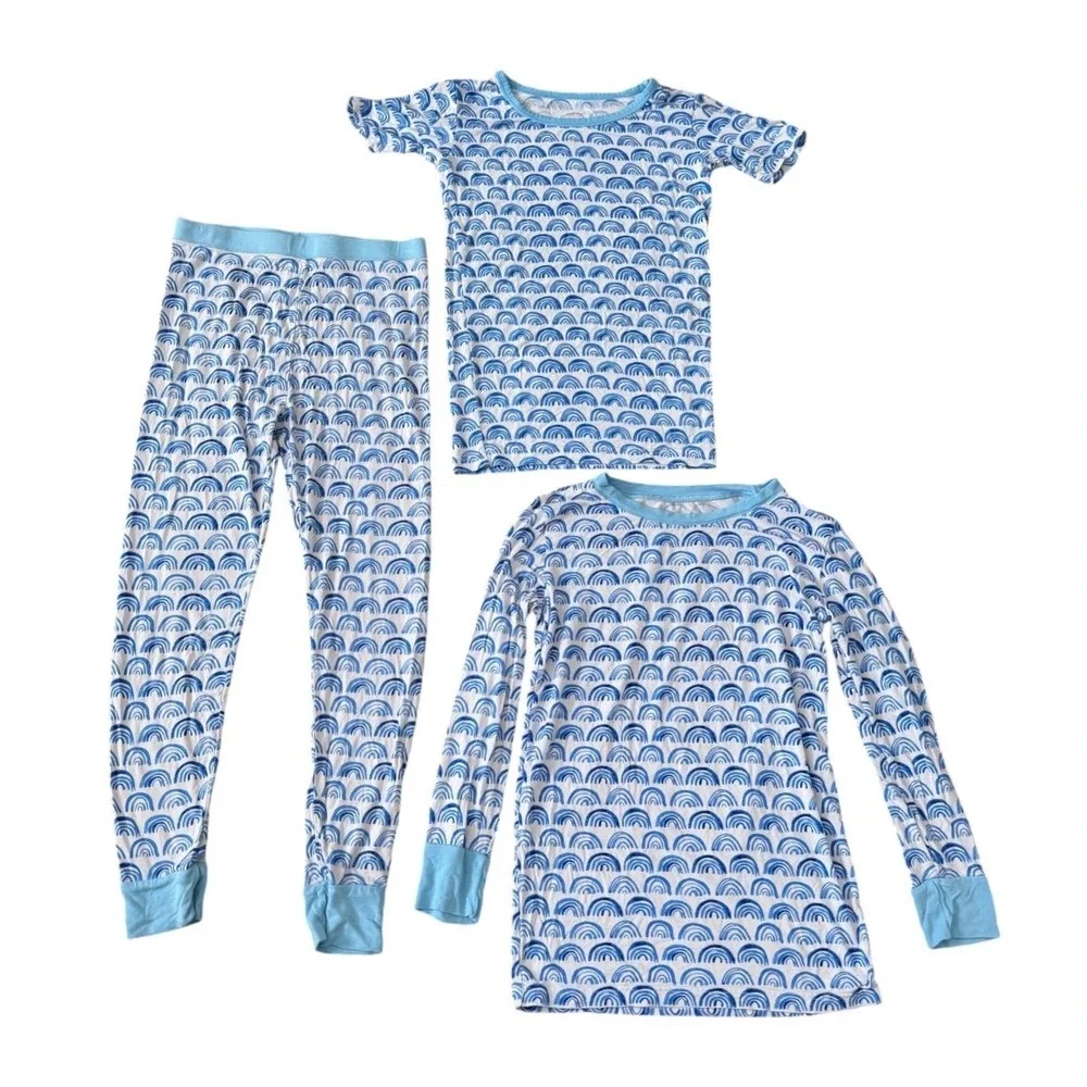 Little Sleepies Blue Rainbows Bamboo Pajamas 3 Pc Set‎ 9/10 LS SS Tops Pants